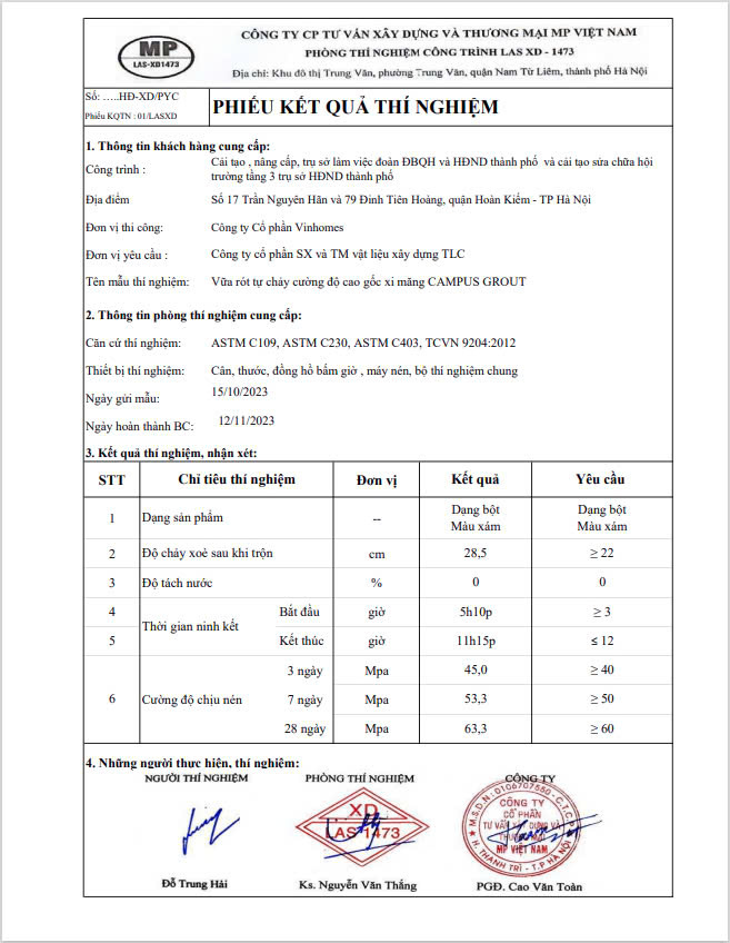 z6102753884343 fab965ff9f8e0011733feb443115cf79 - Kiểm định các sản phẩm vữa Campus